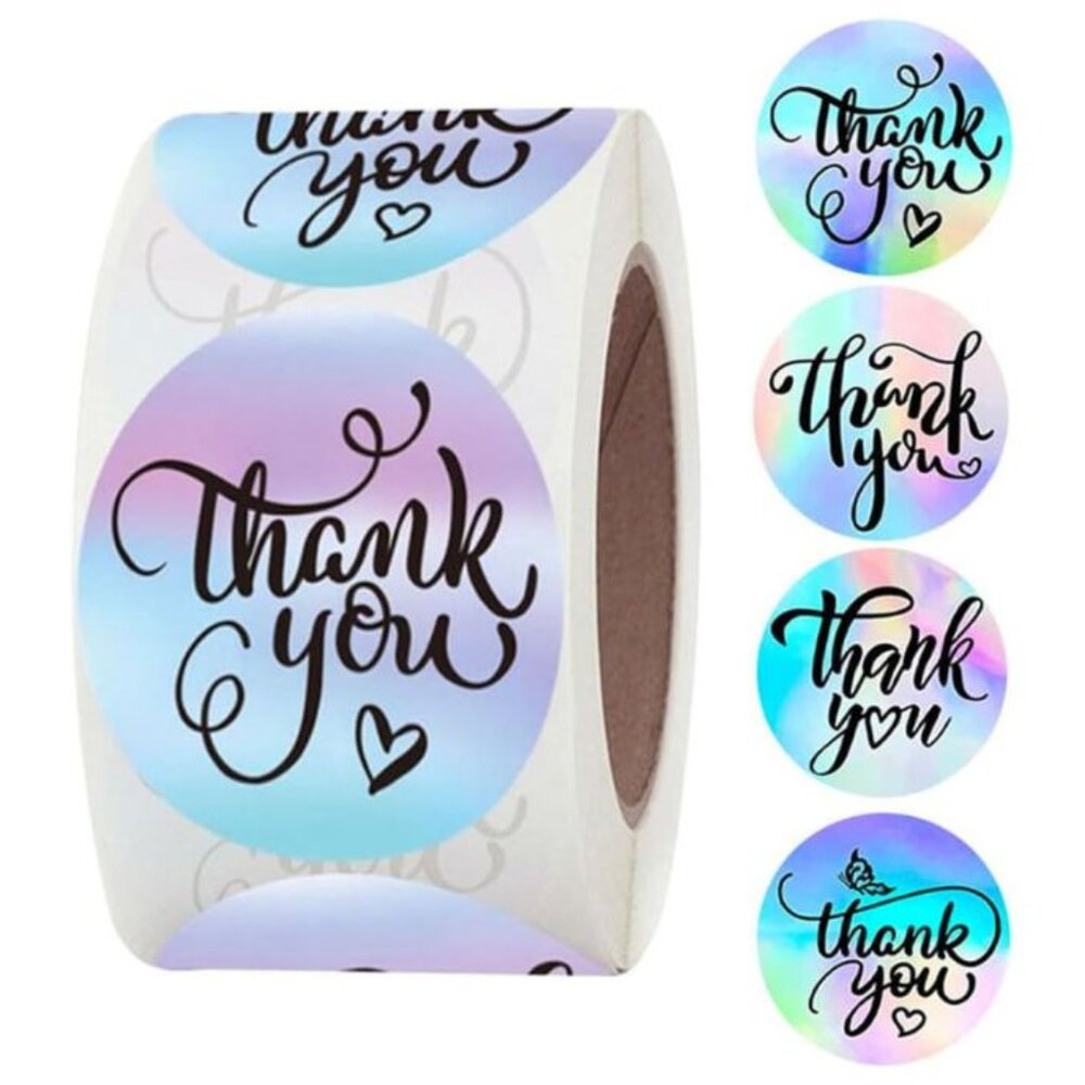 500ct Thank You Holographic Round Stickers, 1 inch, 4 Patterns